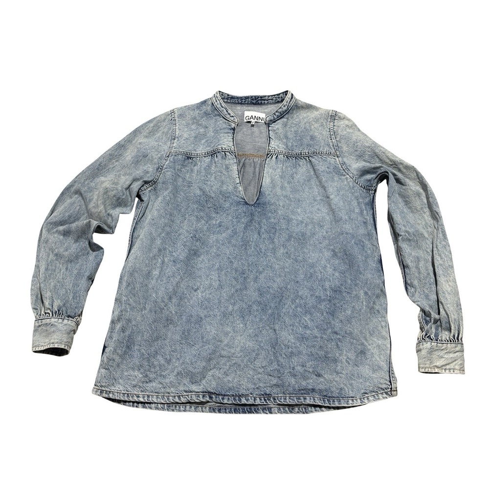 GANNI Denim Blouse Shirt Long Sleeve Blue V Neck Size 38 - 22 x 27